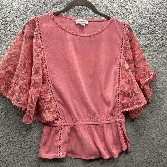Calligraphy Medium Pink‎ Top Lace Sleeves Romantic Boho - Picture 5 of 8